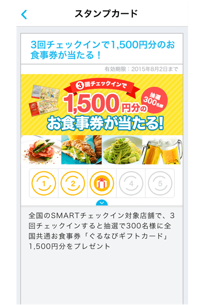 3回チェックインで1,500円分のお食事券が当たる！